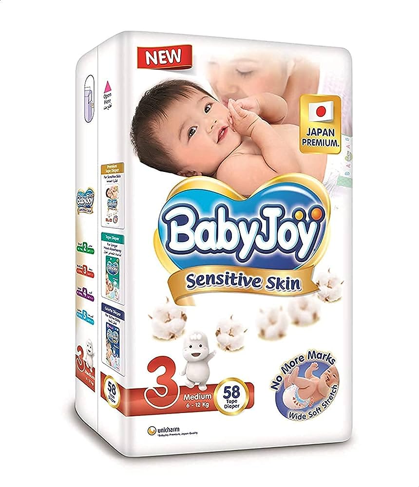 BabyJoy Premium Sensitive Skin Diapers Jumbo Pack, Size 3, Medium, 6-12 kgs, 58 Diapers