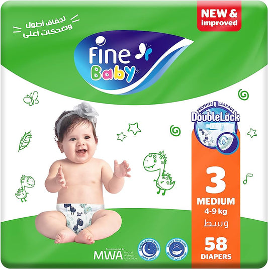 Fine Baby Double Lock Jumbo Pack Diapers, Size 3 Medium, 4-9 kg, 58 Diapers