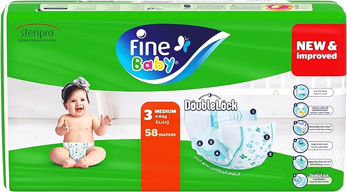 Fine Baby Double Lock Jumbo Pack Diapers, Size 3 Medium, 4-9 kg, 58 Diapers