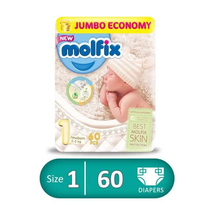 Molfix Jumbo Pack Diapers, Newborn, Size 1, 2-5 Kgs, 60 Pcs