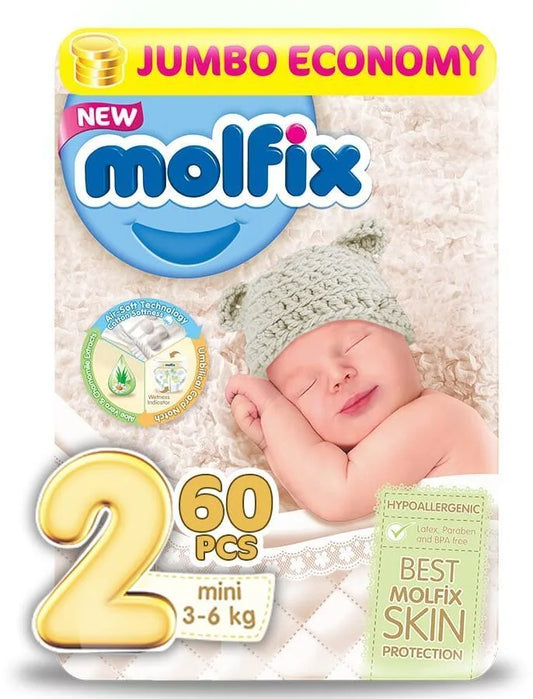 Molfix Jumbo Pack Diapers, Size 2 Mini, 3-6 Kgs, 60 Pcs