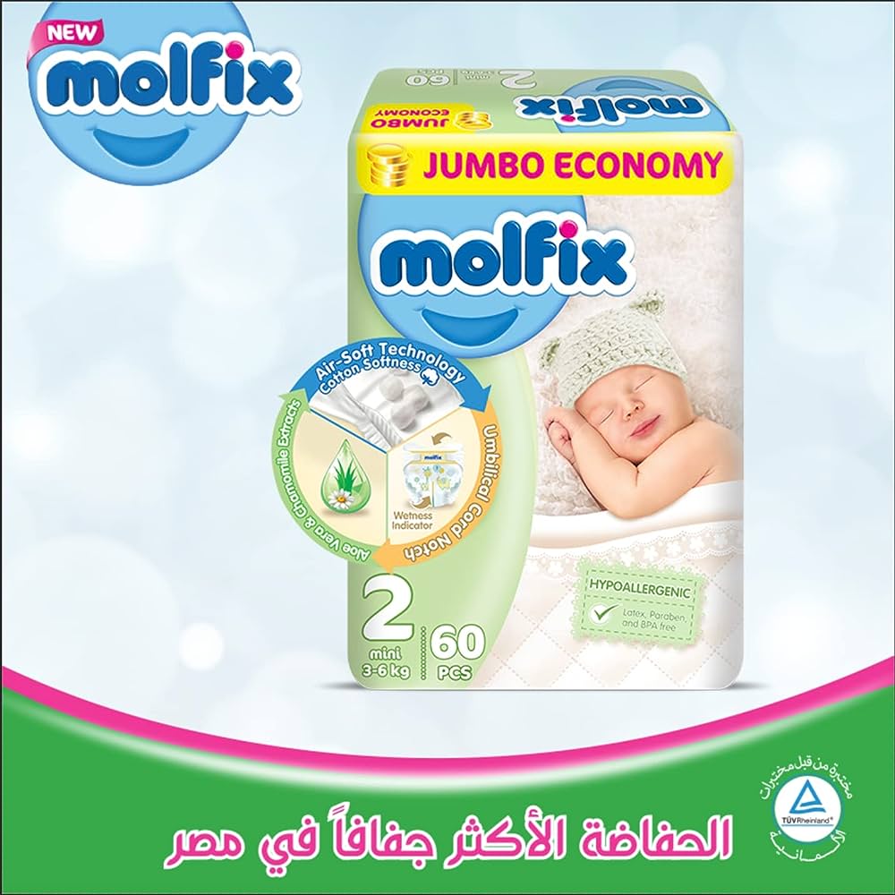 Molfix Jumbo Pack Diapers, Size 2 Mini, 3-6 Kgs, 60 Pcs