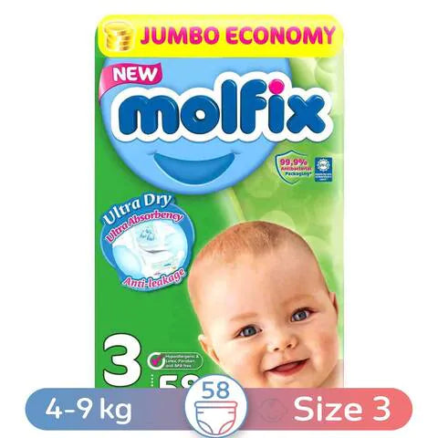 Molfix Jumbo Pack Diapers, Size 3 Midi, 4-9 Kgs, 58 Pcs
