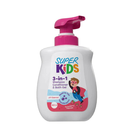 SuperKids 3 In 1 Strawberry Milkshake Shampoo, Conditioner, and Shower Gel