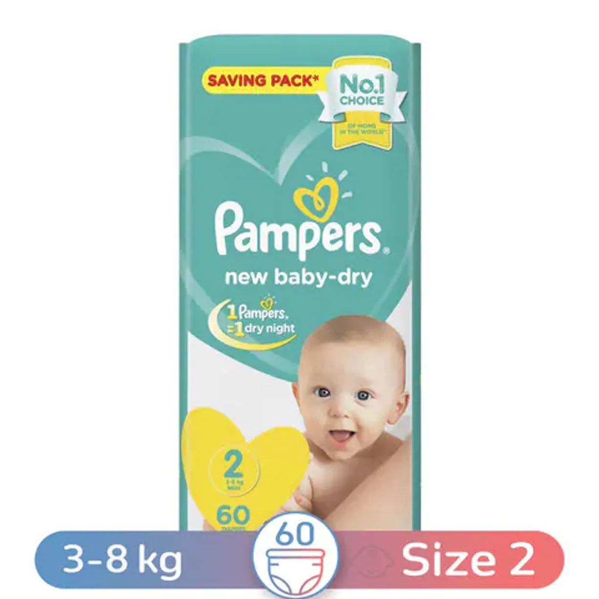 Pampers Baby Dry Diapers, Size 2, 3-8 kgs, 60 Diapers